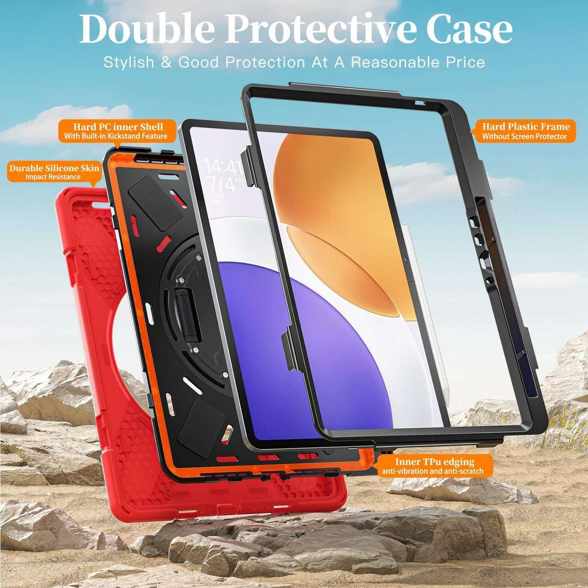 For Xiaomi Pad 7S Pro / 6S Pro Rotatable Holder Silicone Hybrid PC Tablet Case with Shou ... (Red)