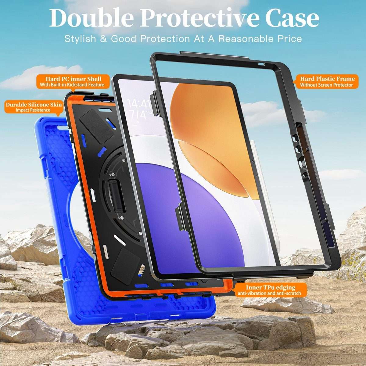 For Xiaomi Pad 7S Pro / 6S Pro Rotatable Holder Silicone Hybrid PC Tablet Case with Sho ... (Blue)