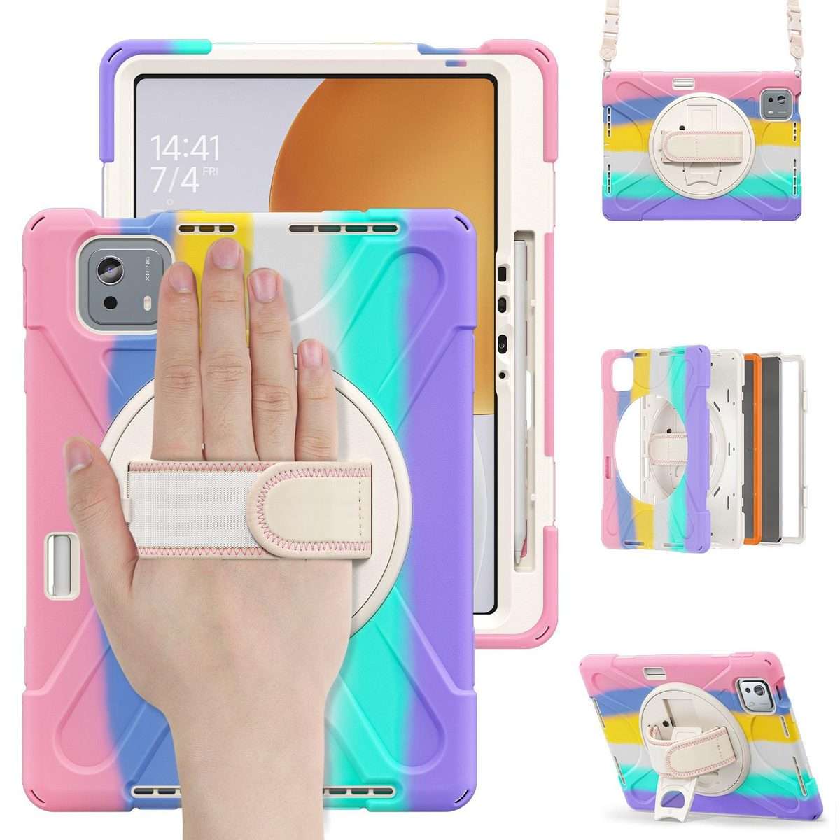 For Xiaomi Pad 7S Pro / 6S Pro Rotatable Holder Silicone Hybrid PC Tablet Case ... (Colorful Pink)