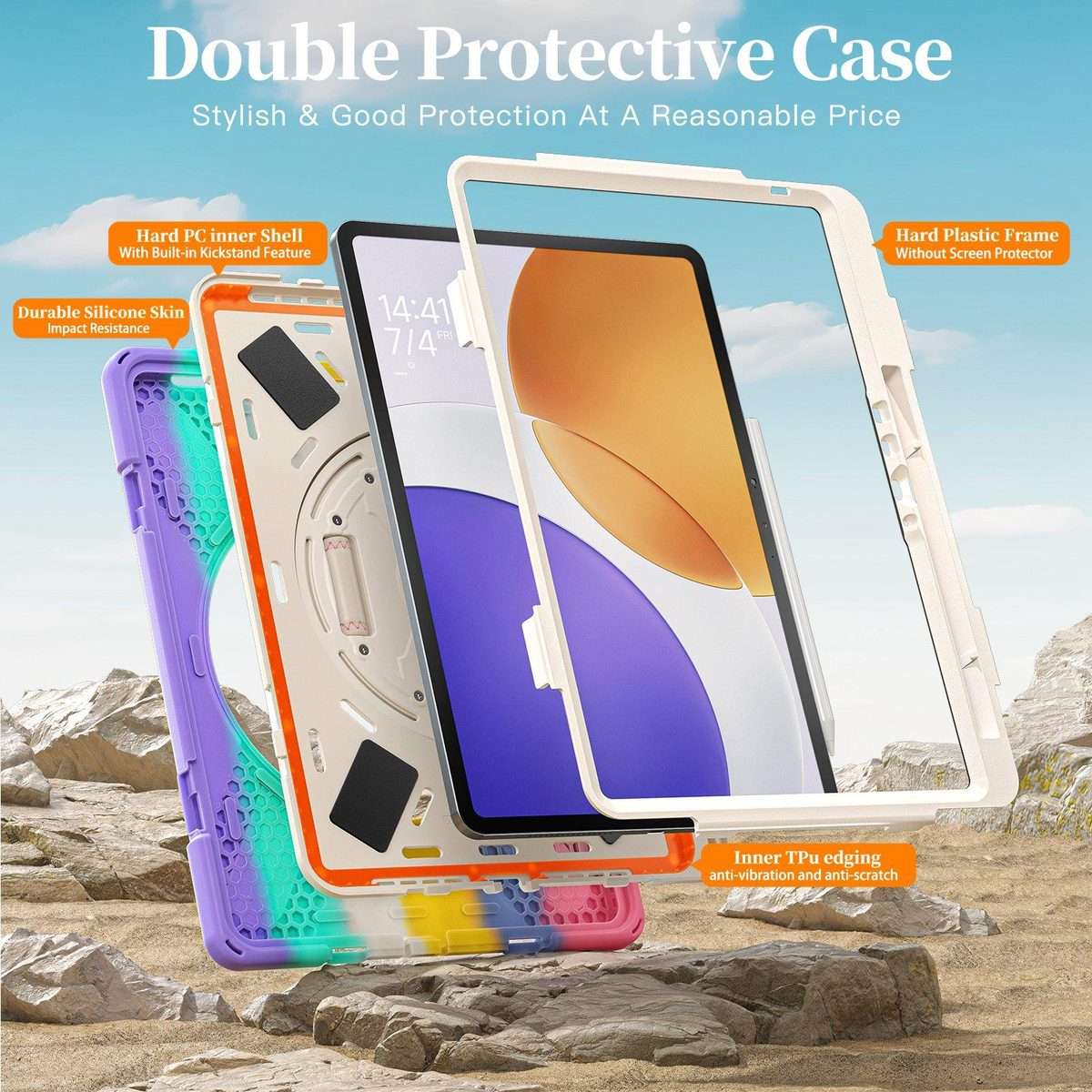 For Xiaomi Pad 7S Pro / 6S Pro Rotatable Holder Silicone Hybrid PC Tablet Case ... (Colorful Pink)