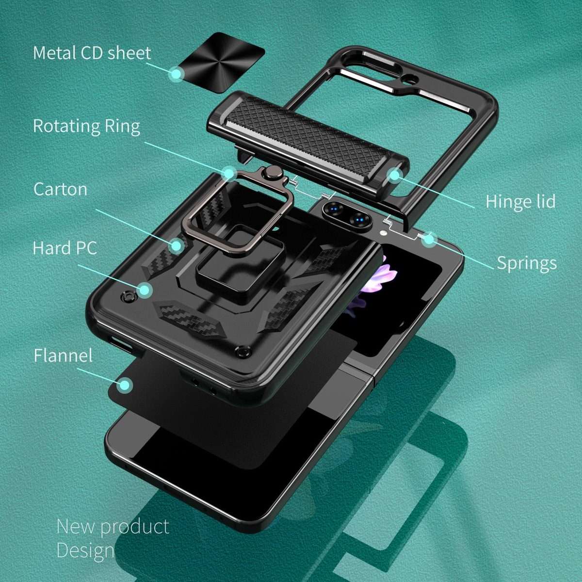 For Samsung Galaxy Z Flip5 5G Kalebol Sliding Window Hinge Phone Case with Ring Stand(Black)