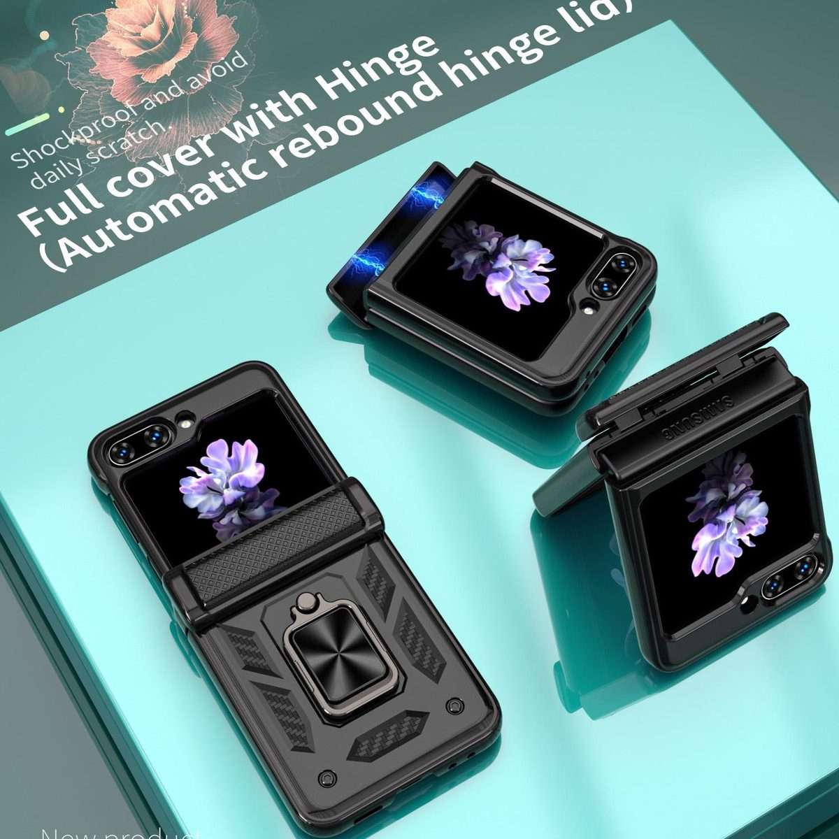 For Samsung Galaxy Z Flip5 5G Kalebol Sliding Window Hinge Phone Case with Ring Stand(Black)