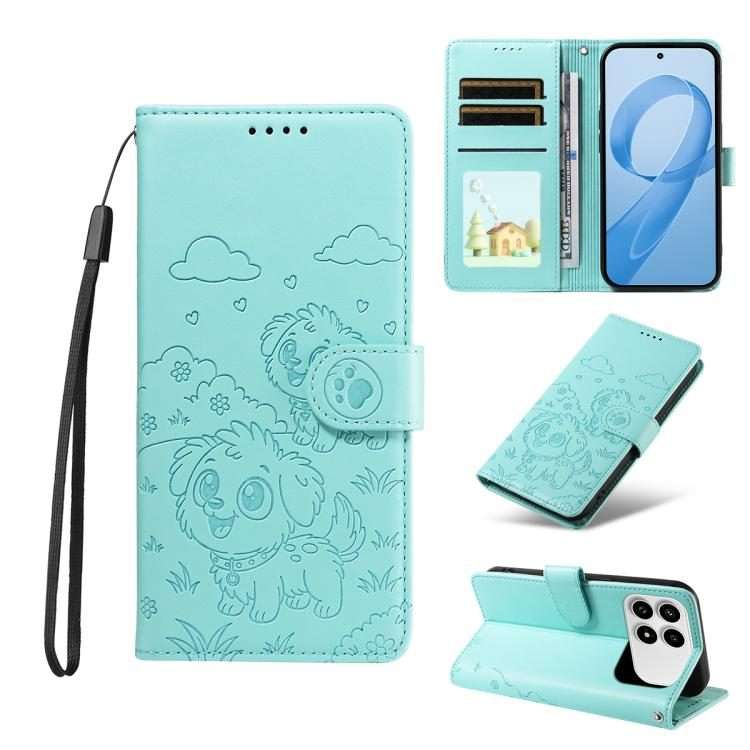 For Redmi K90 / Xiaomi Poco F8 Pro Embossed Heart Dog RFID Blocking Wallet Leather Pho ... (Green)