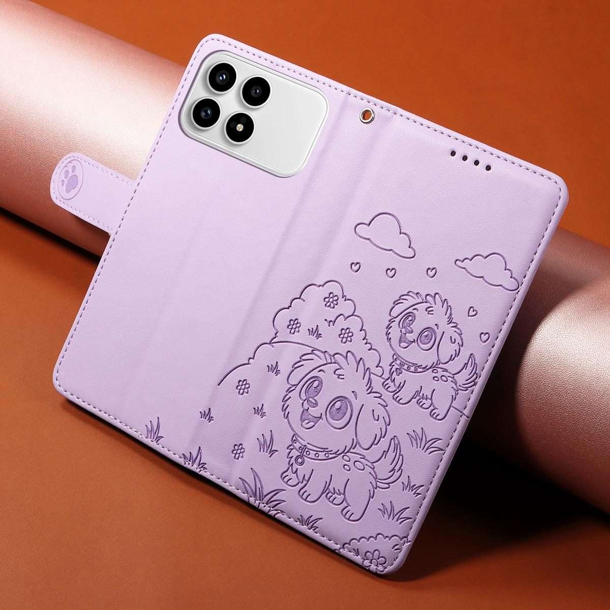 For Redmi K90 / Xiaomi Poco F8 Pro Embossed Heart Dog RFID Blocking Wallet Leather Ph ... (Purple)