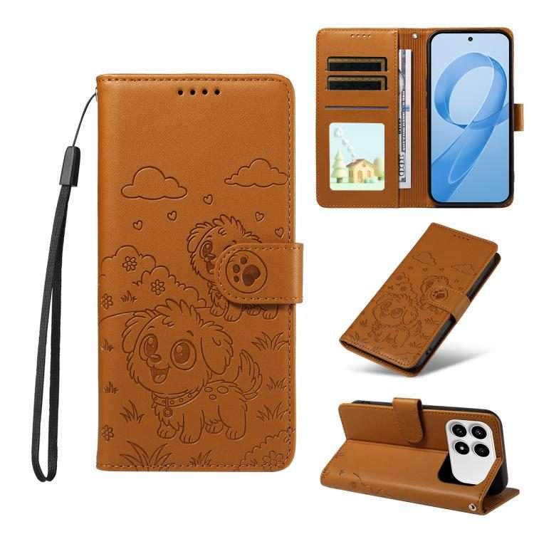 For Redmi K90 / Xiaomi Poco F8 Pro Embossed Heart Dog RFID Blocking Wallet Leather Pho ... (Brown)