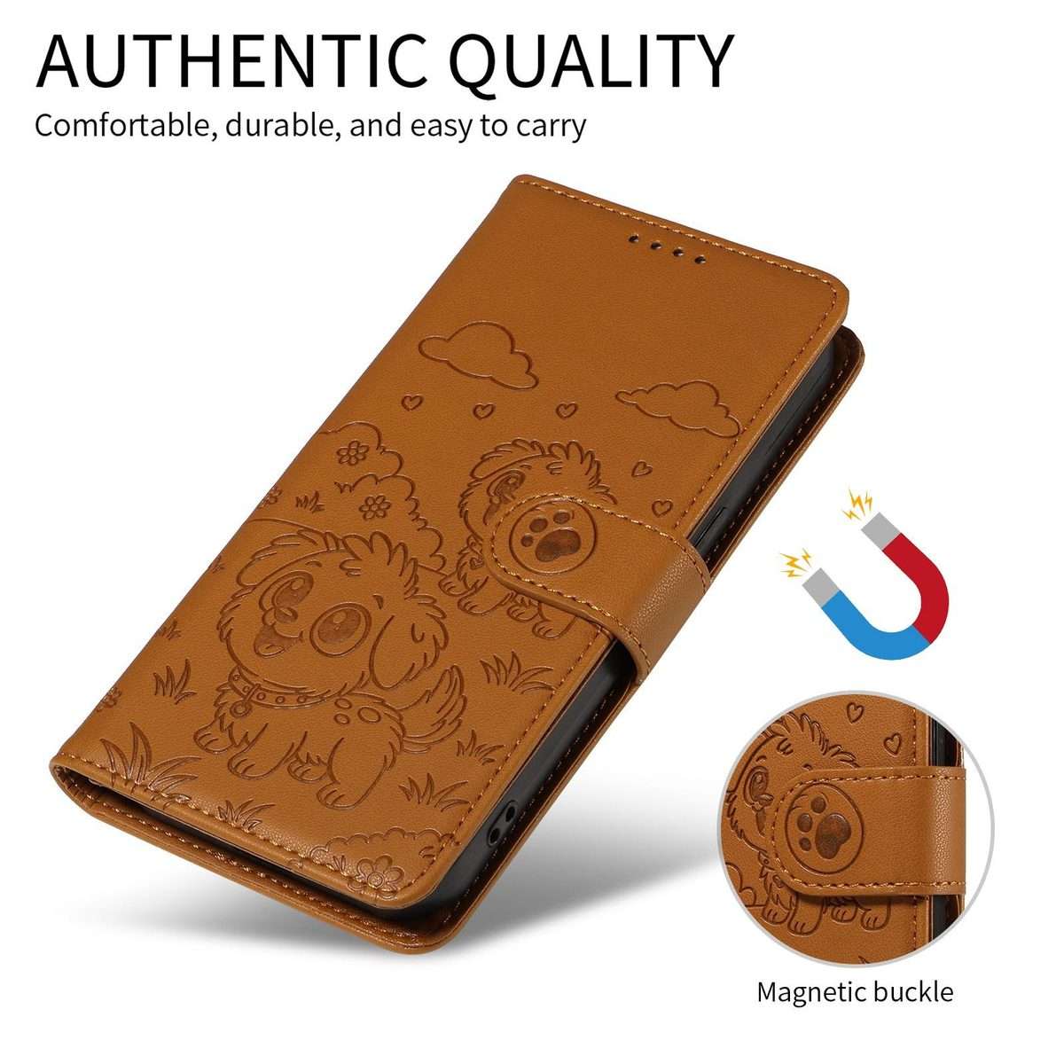 For Redmi K90 / Xiaomi Poco F8 Pro Embossed Heart Dog RFID Blocking Wallet Leather Pho ... (Brown)