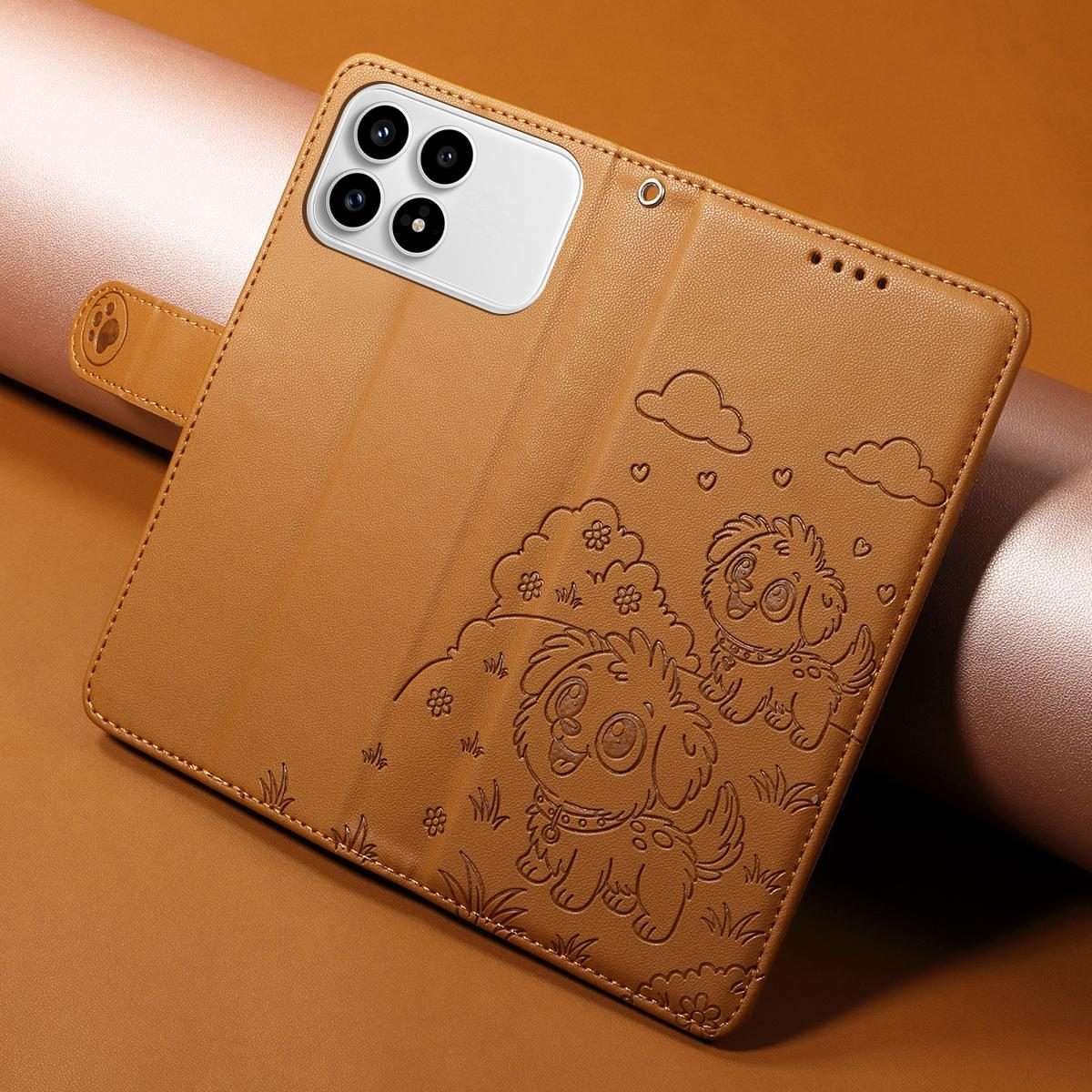 For Redmi K90 / Xiaomi Poco F8 Pro Embossed Heart Dog RFID Blocking Wallet Leather Pho ... (Brown)