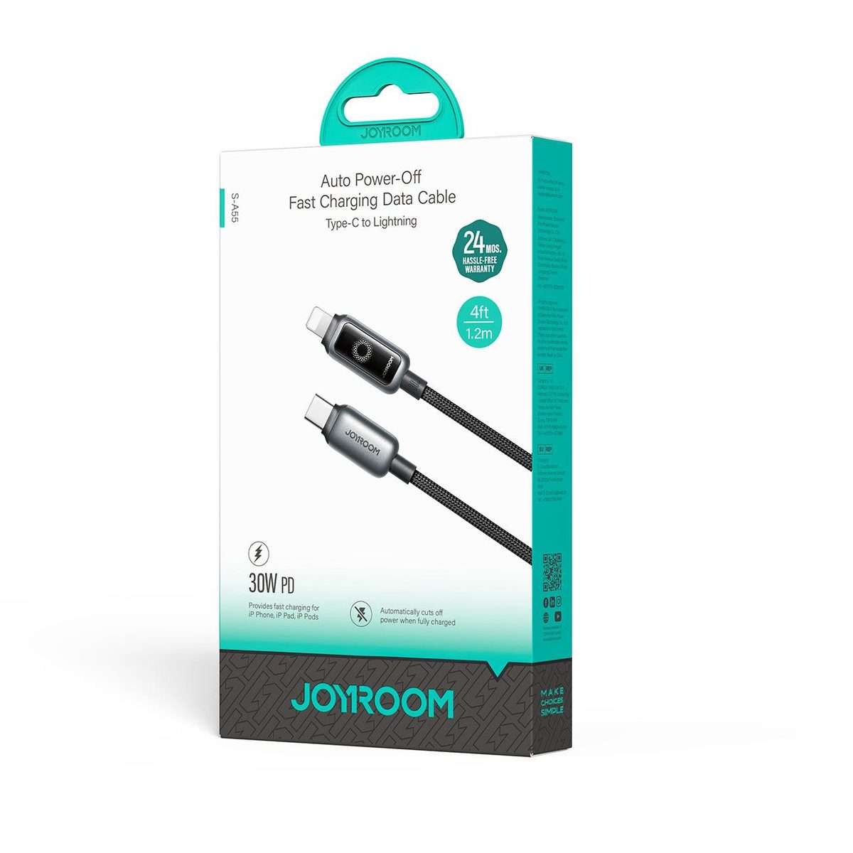 JOYROOM S-A55 StarFlight Series 30W Type-C to 8 Pin Auto Power-Off Fast Charging Data ... (Black)