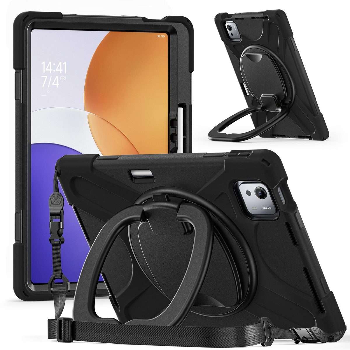 For Xiaomi Pad 7S Pro 12.5 Silicone Hybrid PC Tablet Case with Holder & Shoulder Strap(Black)