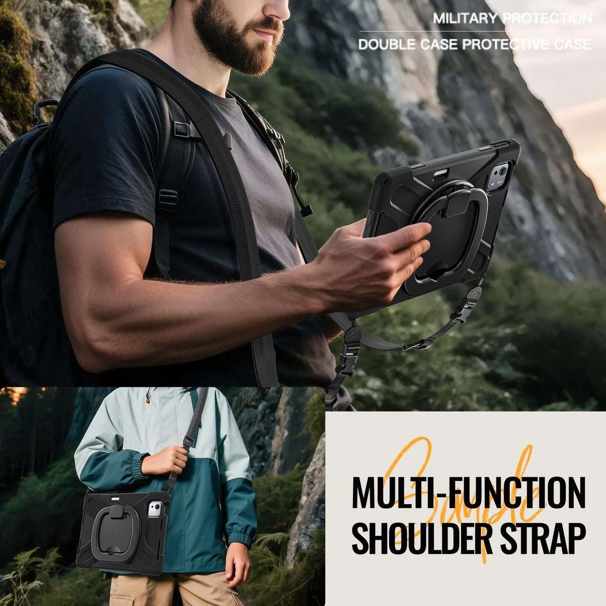 For Xiaomi Pad 7S Pro 12.5 Silicone Hybrid PC Tablet Case with Holder & Shoulder Strap(Black)