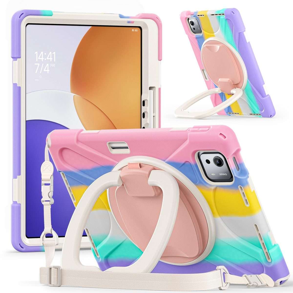 For Xiaomi Pad 7S Pro 12.5 Silicone Hybrid PC Tablet Case with Holder & Should ... (Colorful Pink)