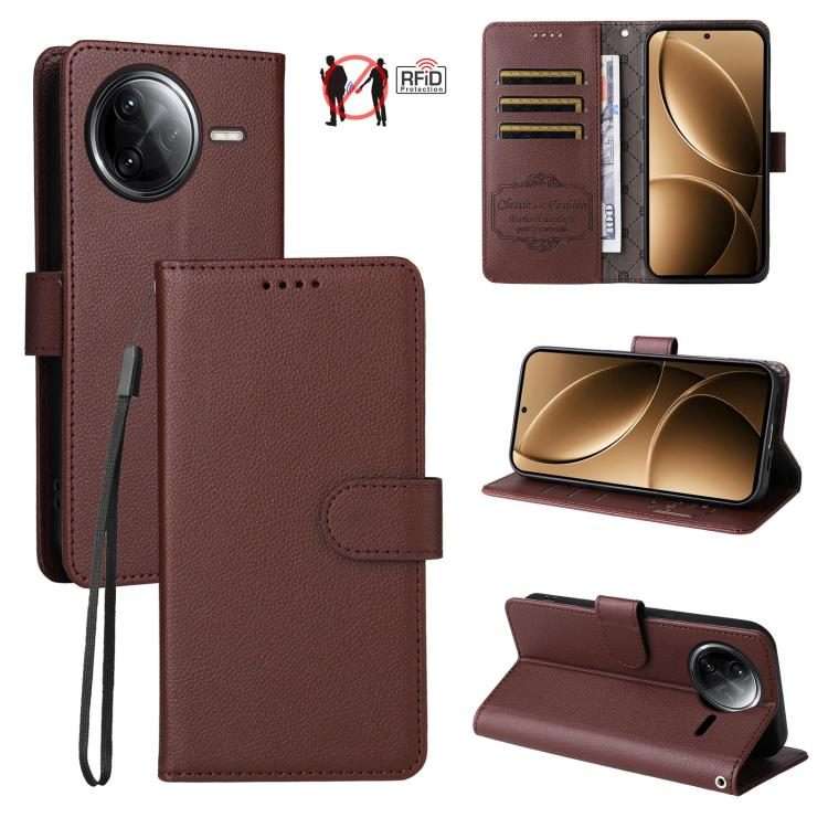 For Redmi K80 Pro / Poco F7 Ultra Litchi Texture RFID Blocking 3-Card Wallet Leather P ... (Brown)