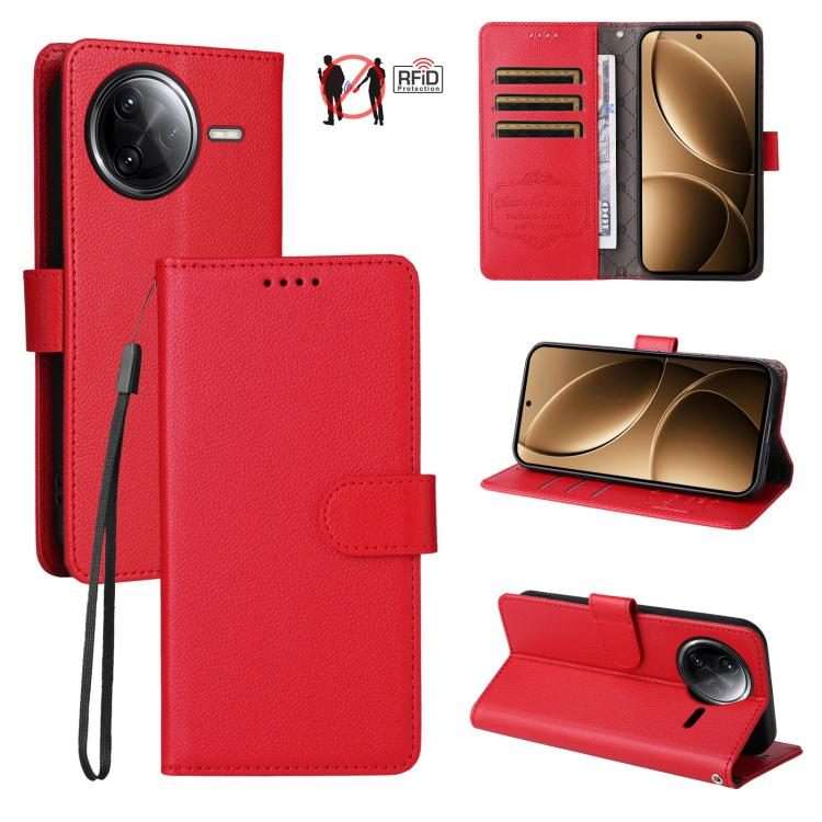 For Redmi K80 Pro / Poco F7 Ultra Litchi Texture RFID Blocking 3-Card Wallet Leather Pho ... (Red)