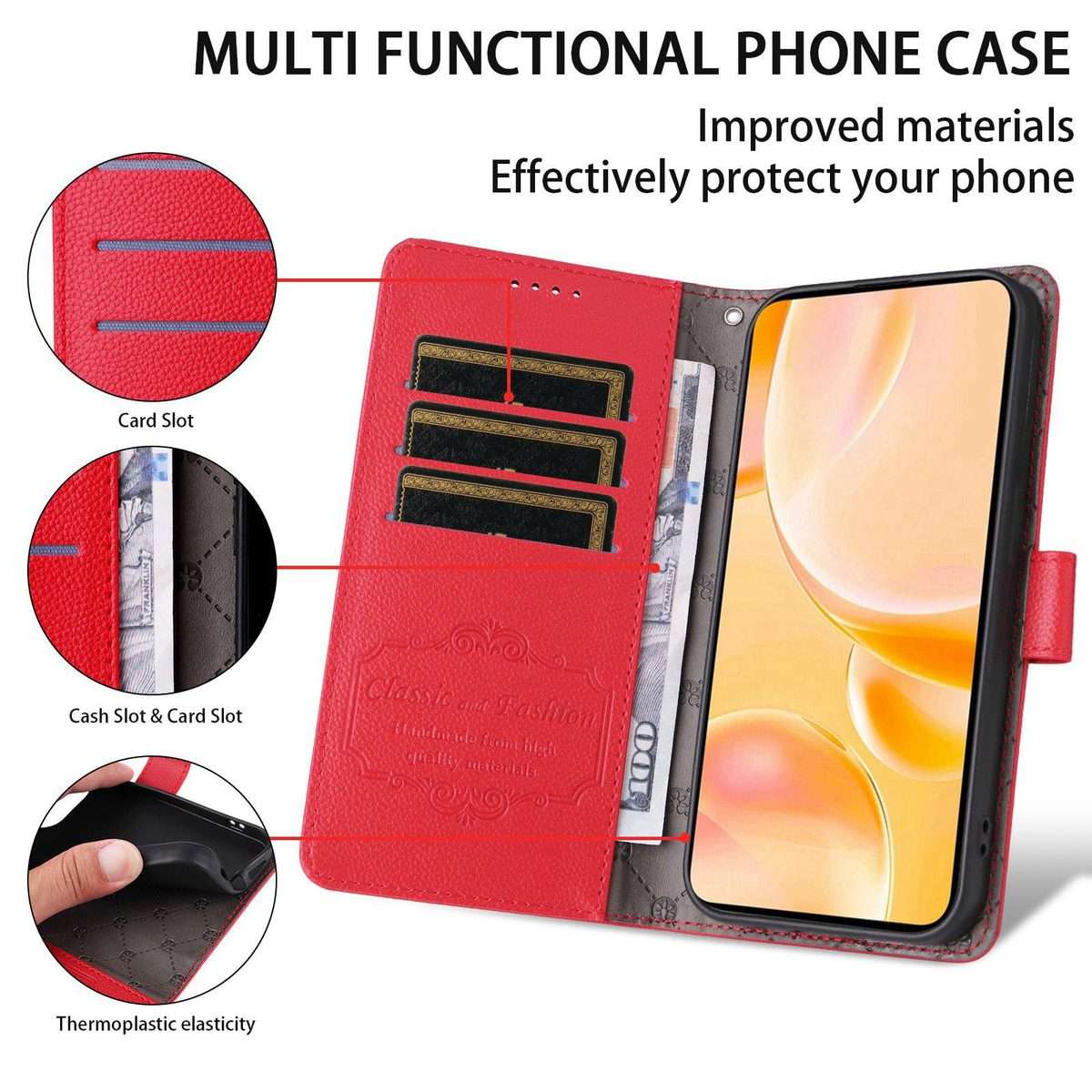 For Redmi K80 Pro / Poco F7 Ultra Litchi Texture RFID Blocking 3-Card Wallet Leather Pho ... (Red)
