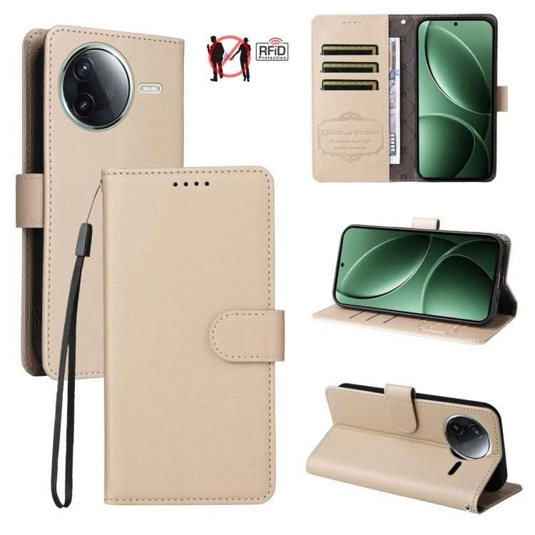 For Redmi K80 / Poco F7 Pro Litchi Texture RFID Blocking 3-Card Wallet Leather Phone Case(Beige)