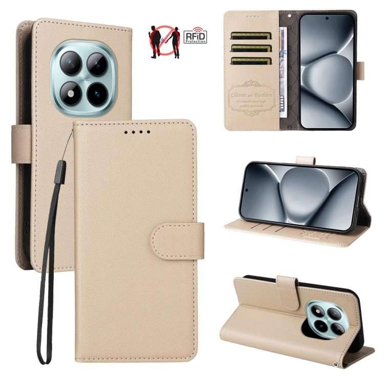 For Redmi Note 15 Pro+ 5G Global 163.3mm Litchi Texture RFID Blocking 3-Card Wallet Le ... (Beige)