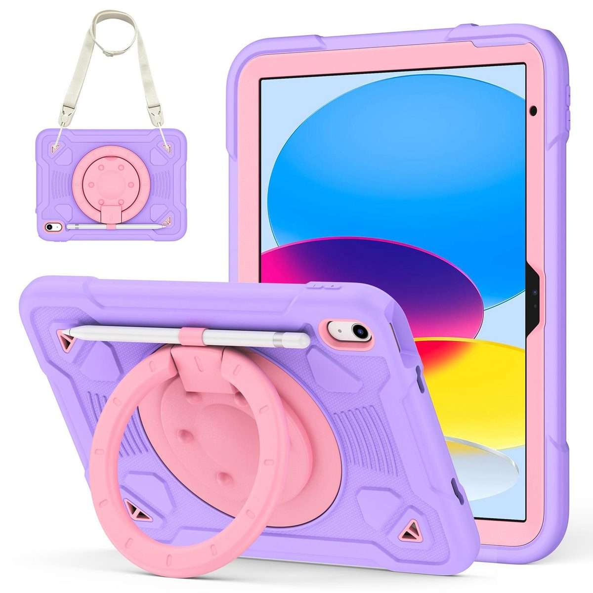 For iPad 2025 / 2022 Space Planet Ring Holder Silicone Hydric PC Tablet Case wit ... (Pink Purple)