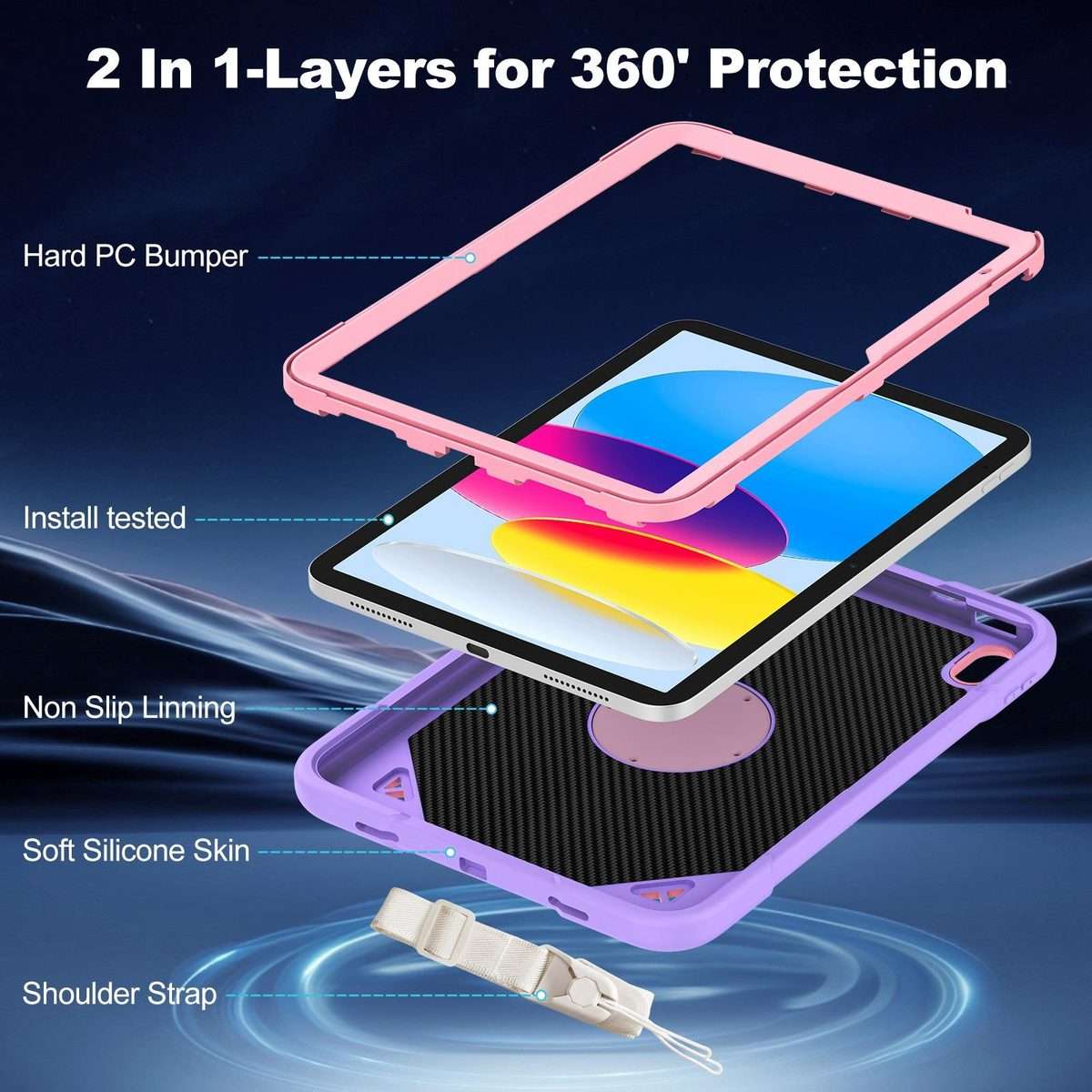 For iPad 2025 / 2022 Space Planet Ring Holder Silicone Hydric PC Tablet Case wit ... (Pink Purple)