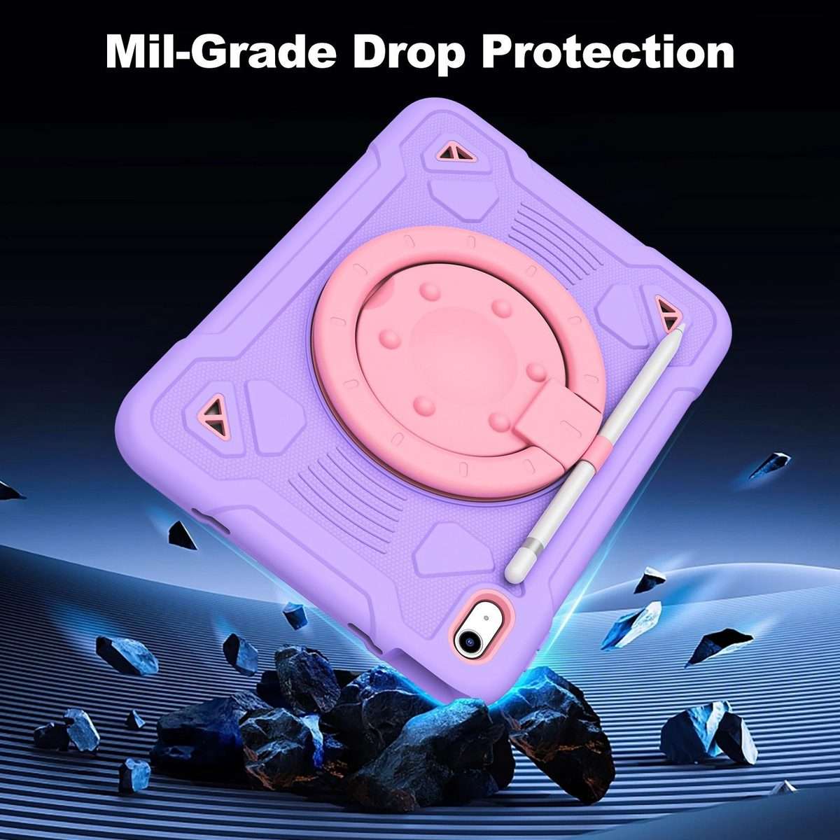 For iPad 2025 / 2022 Space Planet Ring Holder Silicone Hydric PC Tablet Case wit ... (Pink Purple)