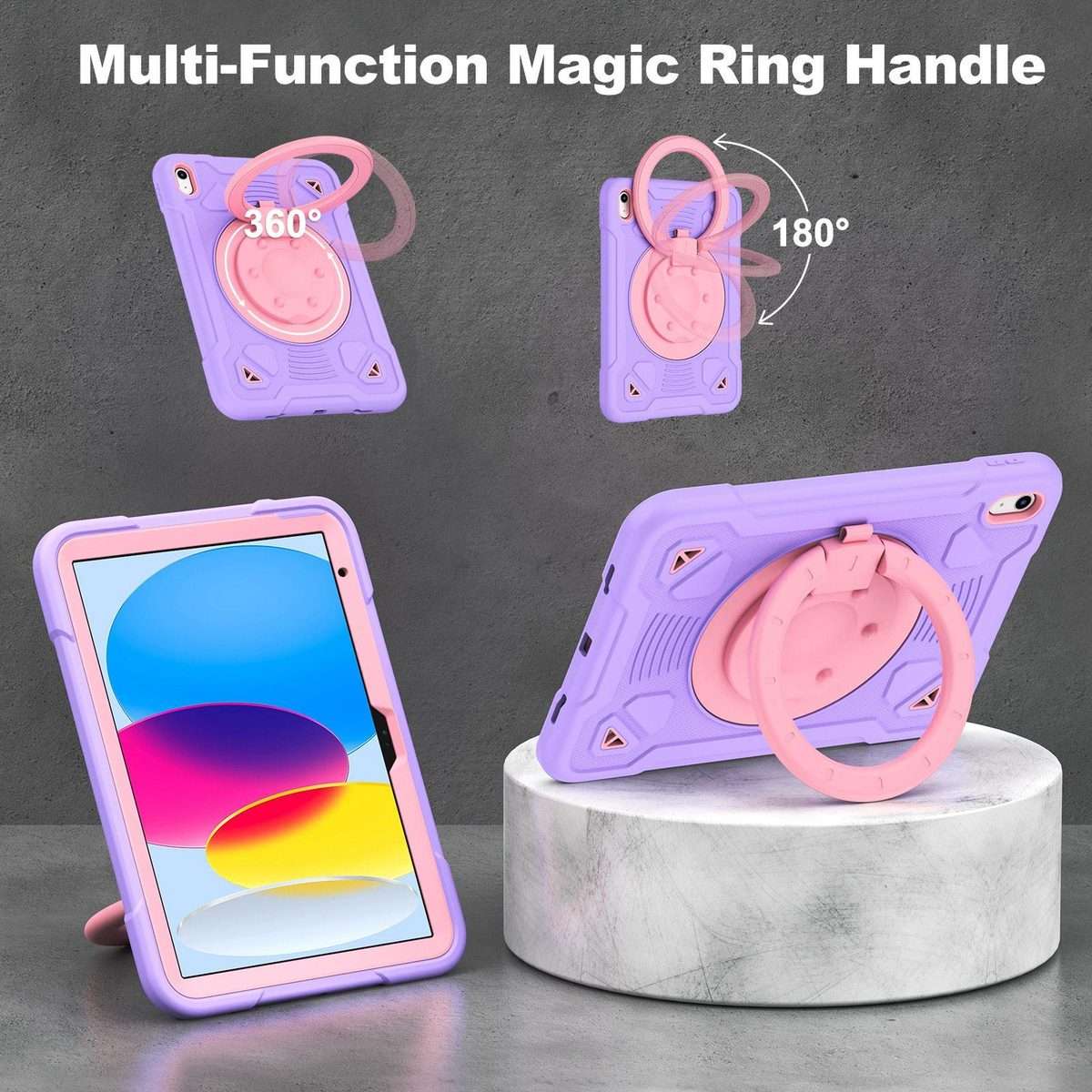 For iPad 2025 / 2022 Space Planet Ring Holder Silicone Hydric PC Tablet Case wit ... (Pink Purple)