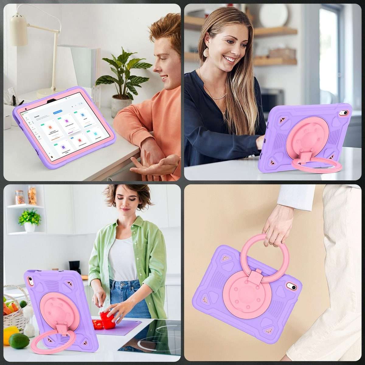 For iPad 2025 / 2022 Space Planet Ring Holder Silicone Hydric PC Tablet Case wit ... (Pink Purple)