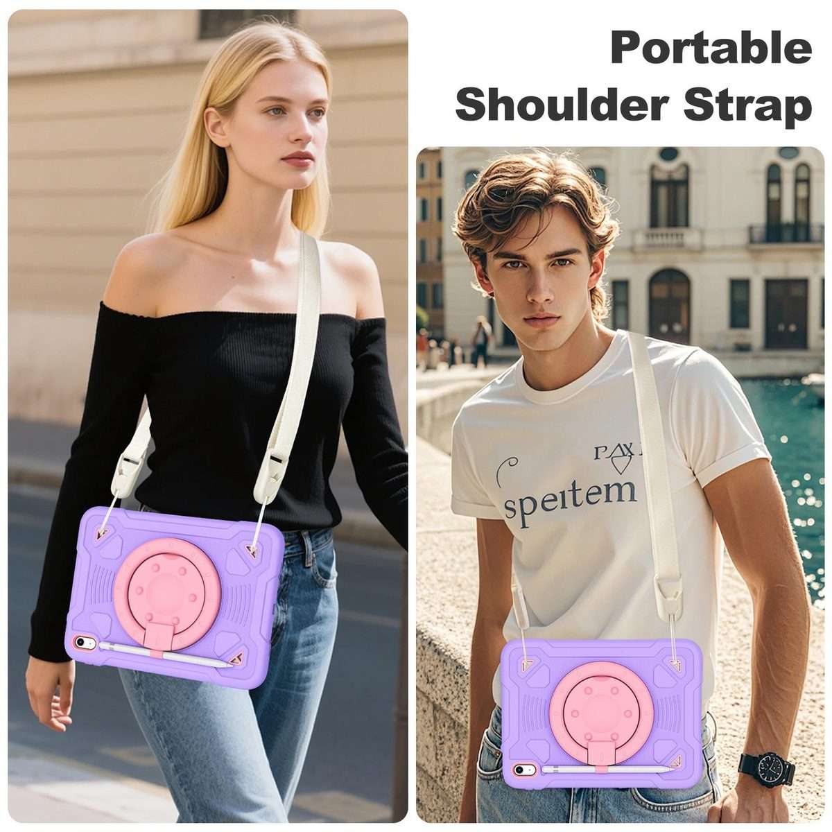 For iPad 2025 / 2022 Space Planet Ring Holder Silicone Hydric PC Tablet Case wit ... (Pink Purple)