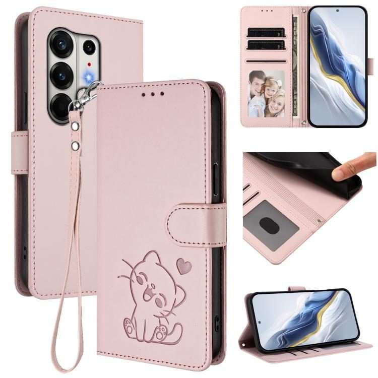 For Tecno Camon 50 Pro 4G Embossed Heart Cat Leather Phone Case with Hand Strap(Pink)