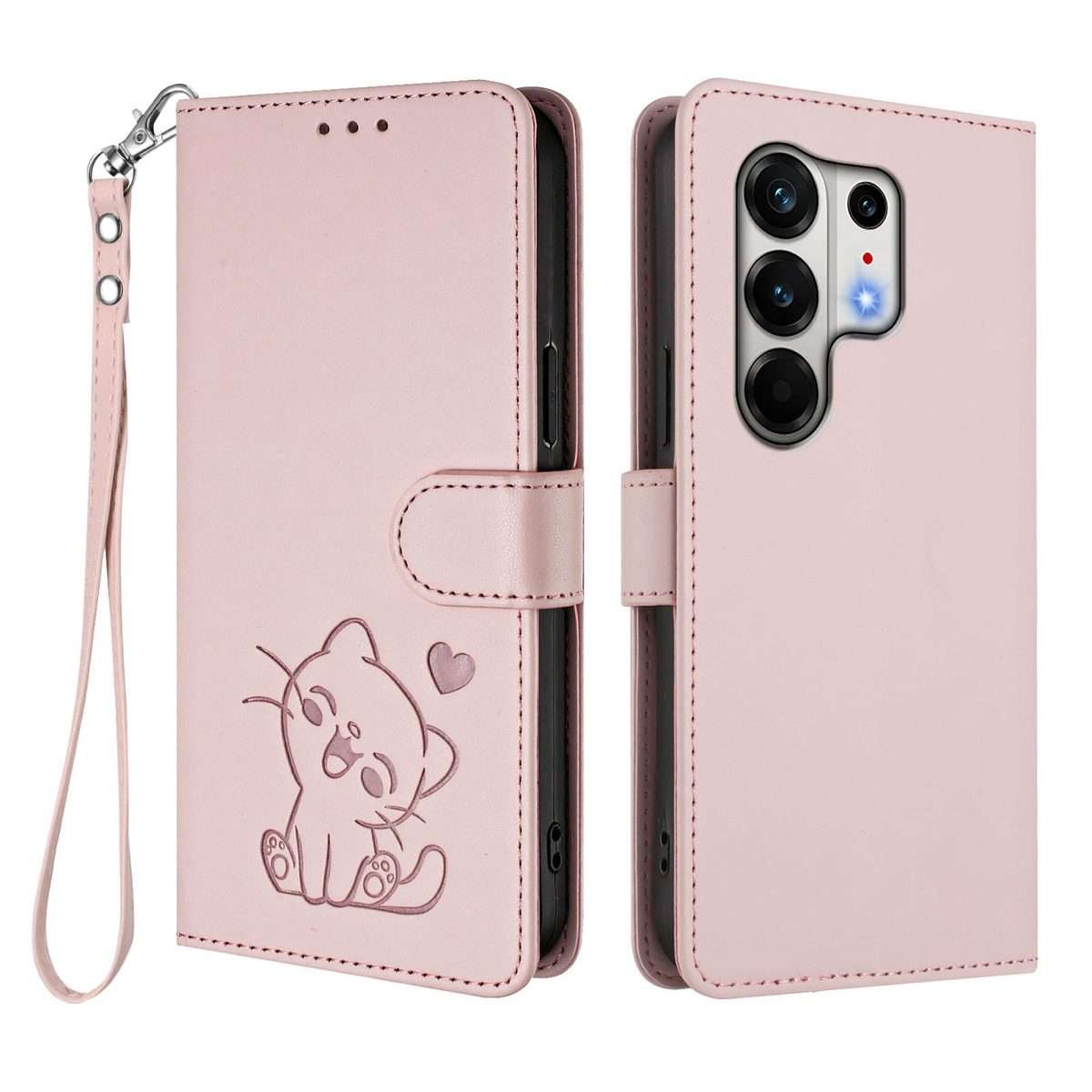 For Tecno Camon 50 Pro 4G Embossed Heart Cat Leather Phone Case with Hand Strap(Pink)