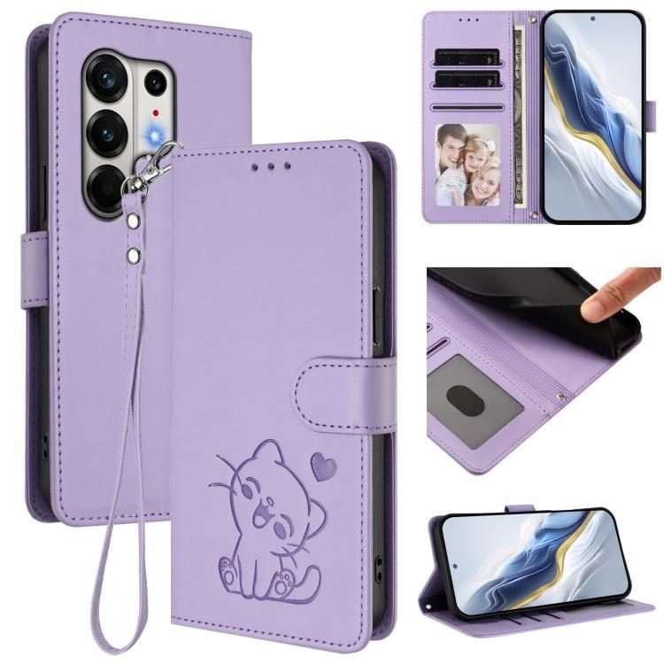 For Tecno Camon 50 Pro 4G Embossed Heart Cat Leather Phone Case with Hand Strap(Light Purple)