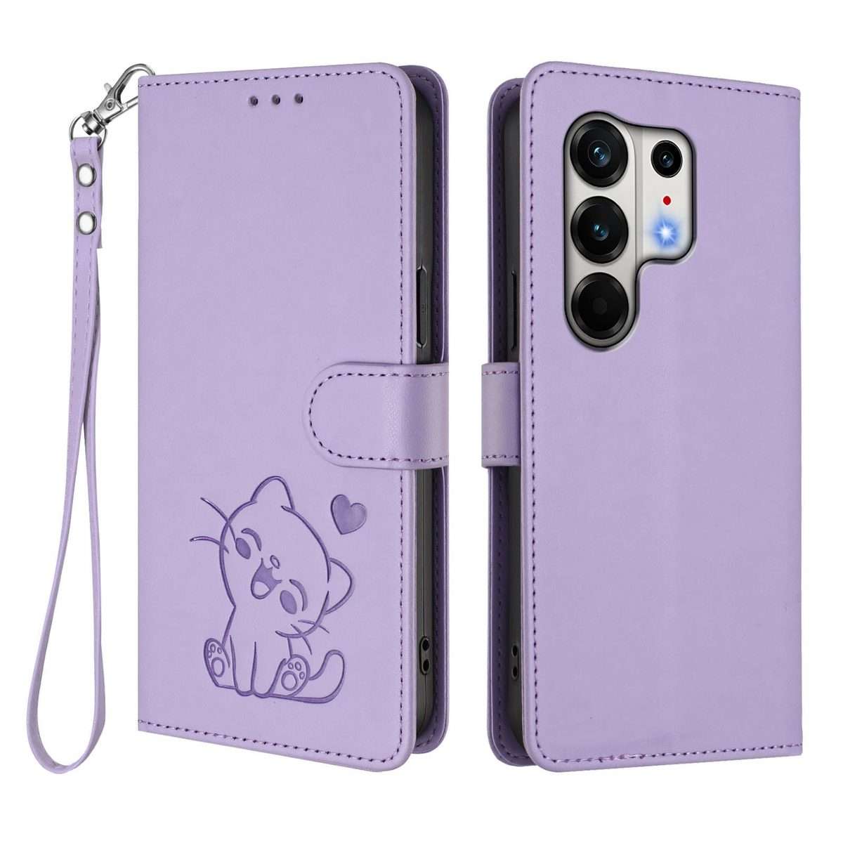 For Tecno Camon 50 Pro 4G Embossed Heart Cat Leather Phone Case with Hand Strap(Light Purple)