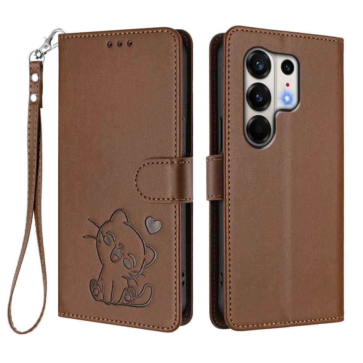 For Tecno Camon 50 Pro 4G Embossed Heart Cat Leather Phone Case with Hand Strap(Brown)