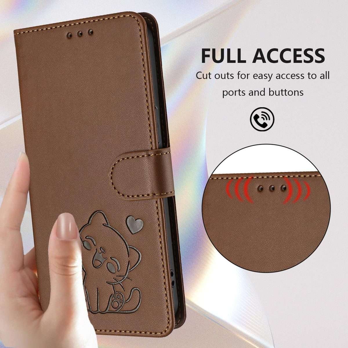 For Tecno Camon 50 Pro 4G Embossed Heart Cat Leather Phone Case with Hand Strap(Brown)