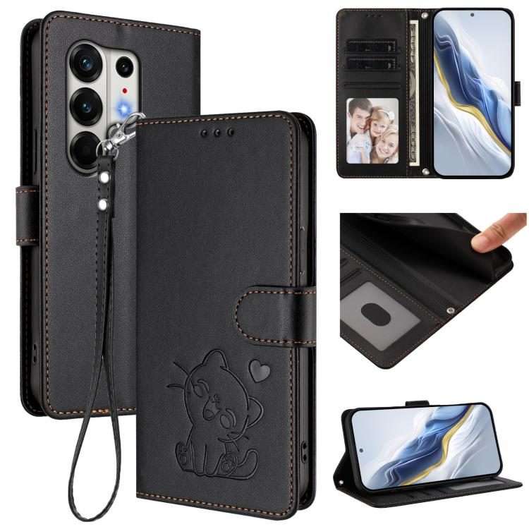 For Tecno Camon 50 Pro 4G Embossed Heart Cat Leather Phone Case with Hand Strap(Black)