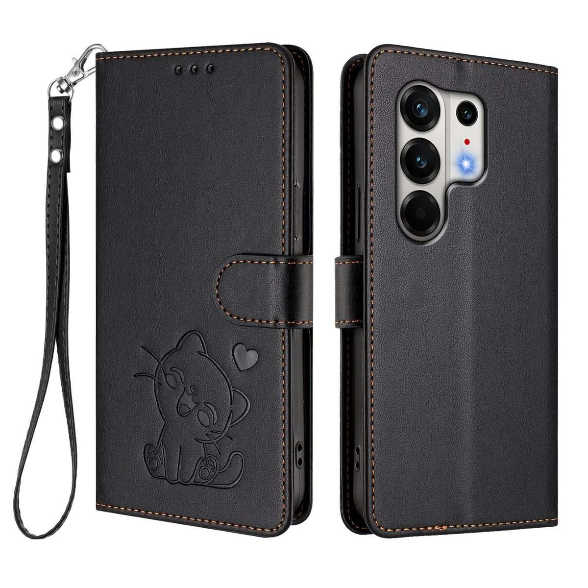 For Tecno Camon 50 Pro 4G Embossed Heart Cat Leather Phone Case with Hand Strap(Black)