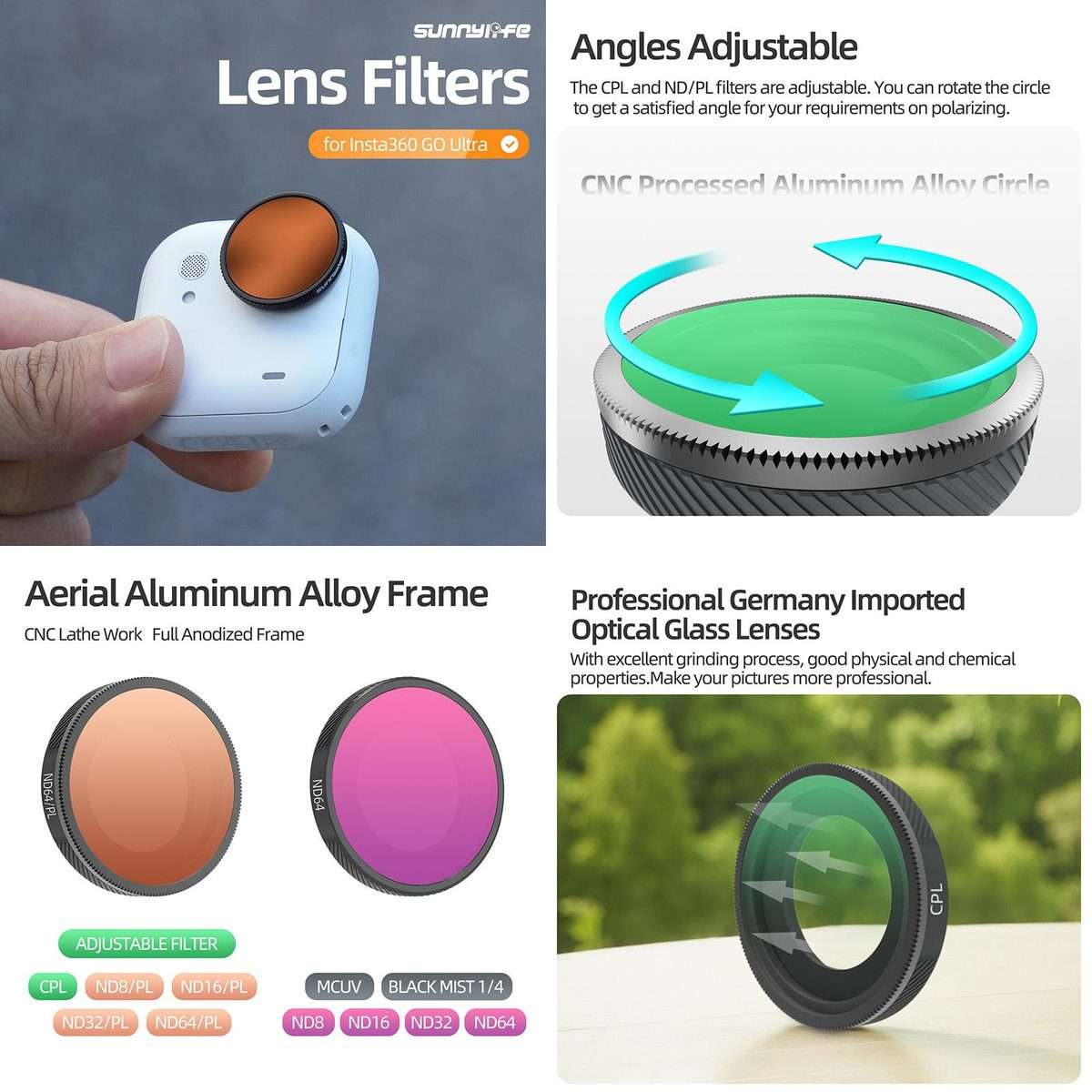 For Insta360 GO Ultra Sunnylife Camera Lens Filter, Filter:ND16PL