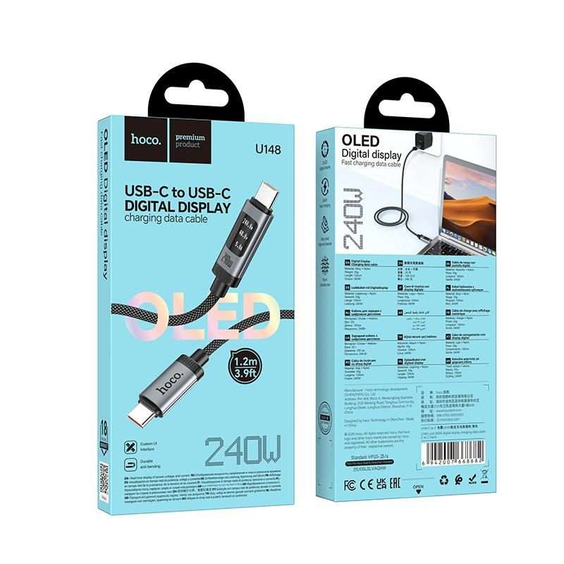 hoco U148 Lord 240W Digital Display Type-C to Type-C Fast Charging Data Cable, Length: 1.2m(Black)