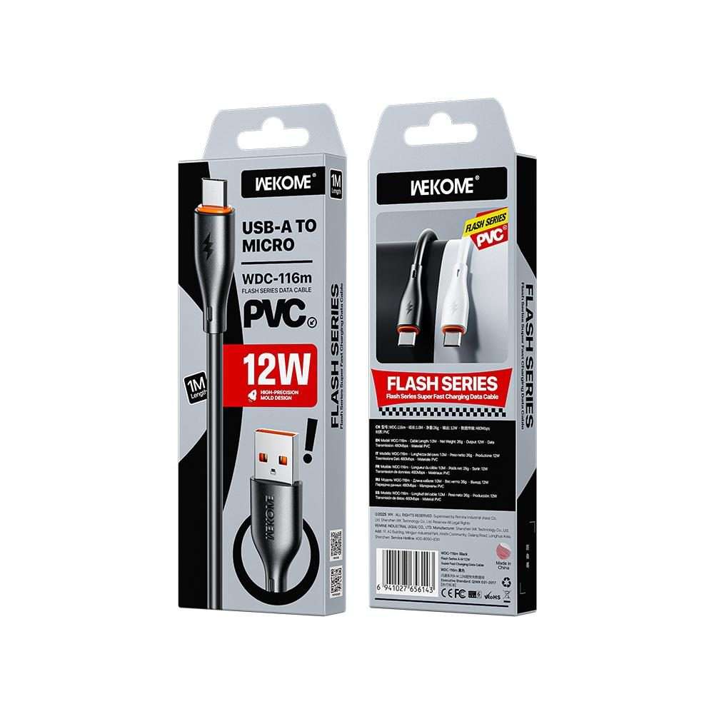 WK WDC-116m 12W USB to Micro USB Fast Charging Data Cable, Length: 1m(Black)