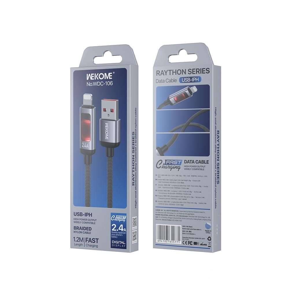 WK WDC-106 2.4A Intelligent Digital Display USB to 8 Pin Fast Charging Data Cable, Len ... (Black)