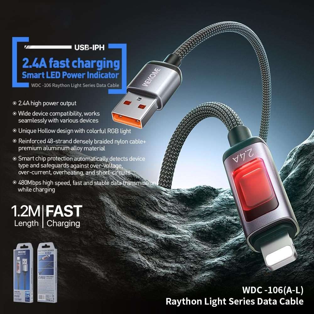 WK WDC-106 2.4A Intelligent Digital Display USB to 8 Pin Fast Charging Data Cable, Len ... (Black)