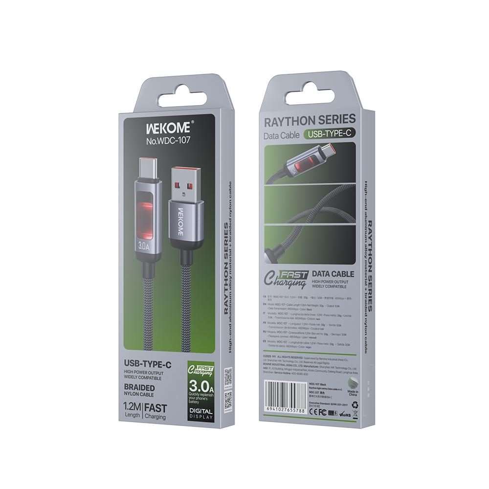 WK WDC-107 3A Intelligent Digital Display USB to Type-C Fast Charging Data Cable, Leng ... (Black)