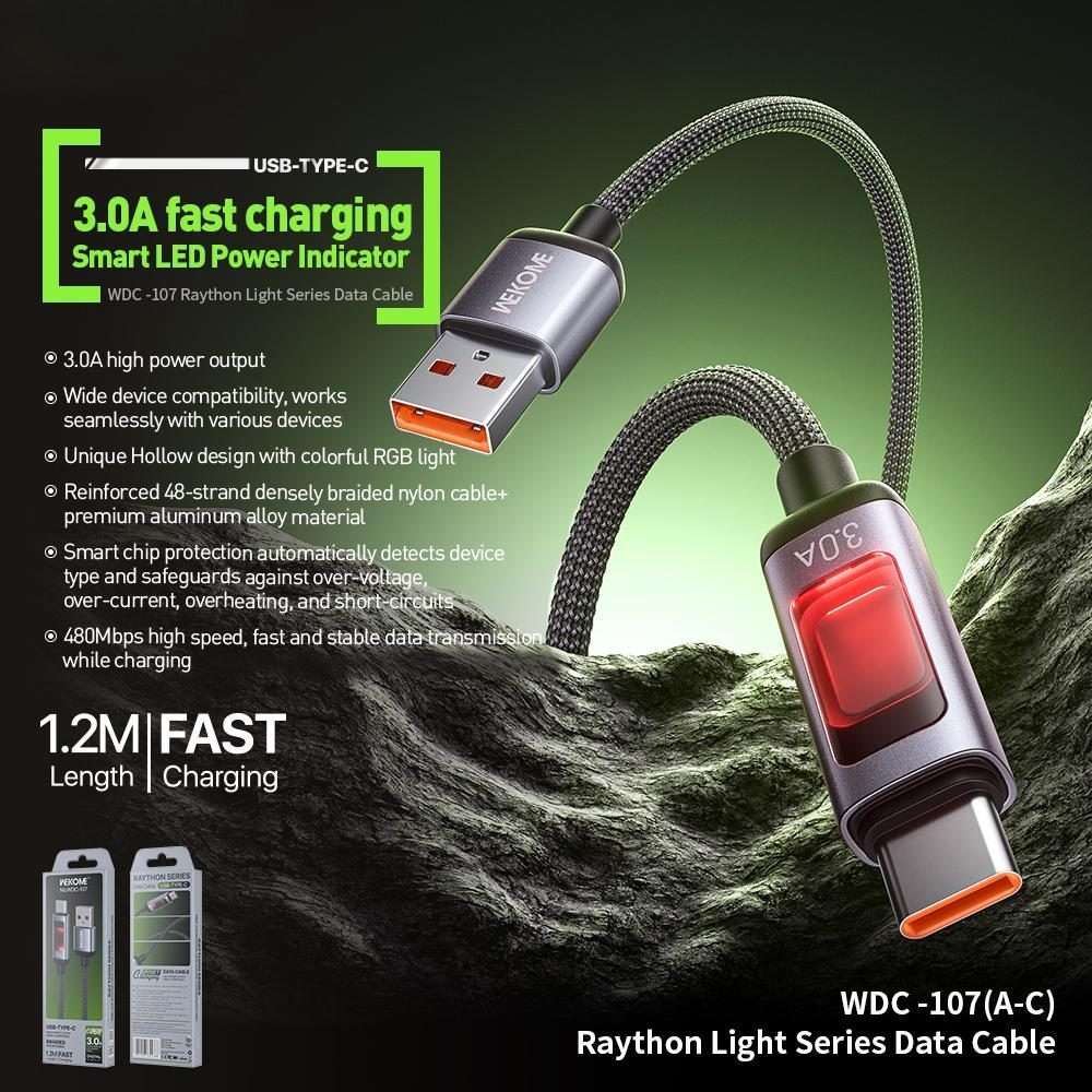 WK WDC-107 3A Intelligent Digital Display USB to Type-C Fast Charging Data Cable, Leng ... (Black)