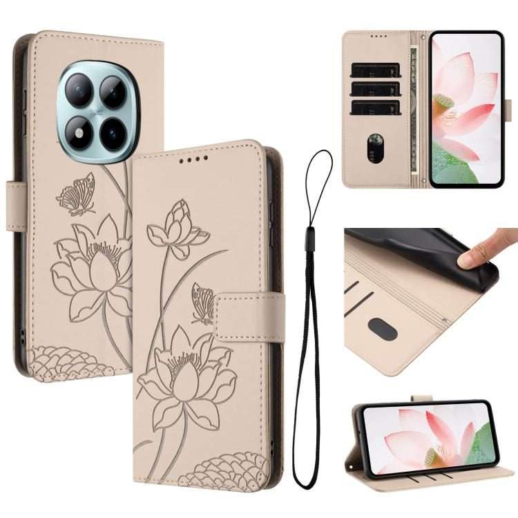 For Redmi Note 15 Pro+ Global 5G 163.3mm Lotus Embossed Leather Phone Case with Lanyard(Beige)