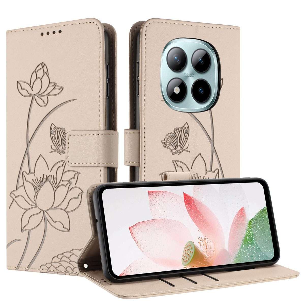 For Redmi Note 15 Pro+ Global 5G 163.3mm Lotus Embossed Leather Phone Case with Lanyard(Beige)