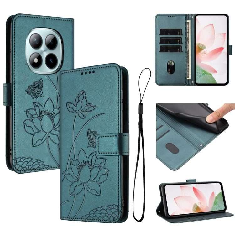 For Redmi Note 15 Pro+ Global 5G 163.3mm Lotus Embossed Leather Phone Case with L ... (Dark Green)
