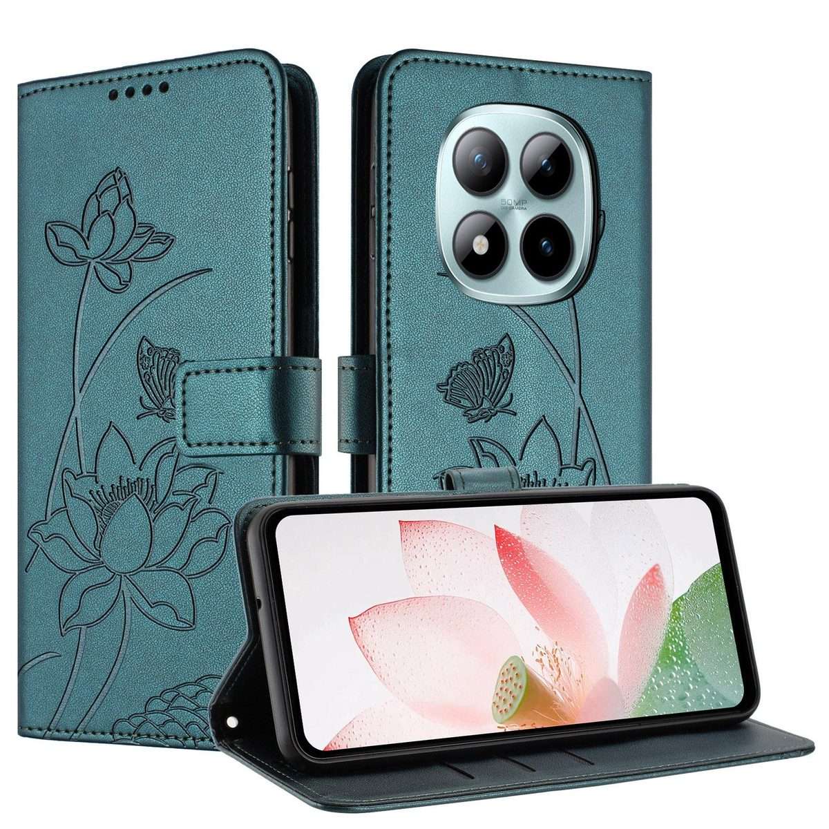 For Redmi Note 15 Pro+ Global 5G 163.3mm Lotus Embossed Leather Phone Case with L ... (Dark Green)