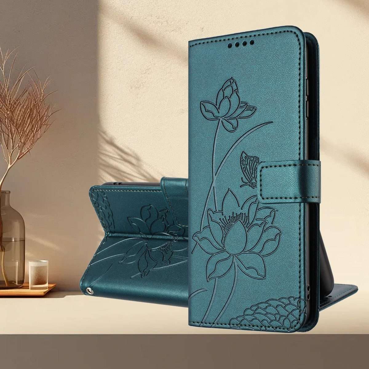 For Redmi Note 15 Pro+ Global 5G 163.3mm Lotus Embossed Leather Phone Case with L ... (Dark Green)