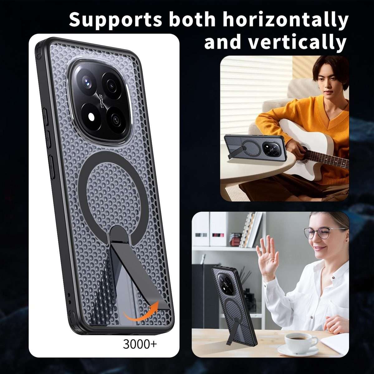For Redmi Note 14 Pro / Note 14 Pro+ 5G Honeycomb Cooling MagSafe Holder Phone Case(Black)