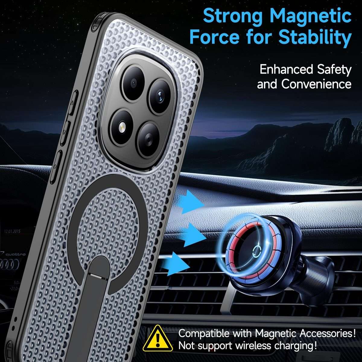 For Redmi Note 15 Pro+ 5G 163.3mm / Poco M8 Pro 5G Honeycomb Cooling MagSafe Holder Ph ... (Black)