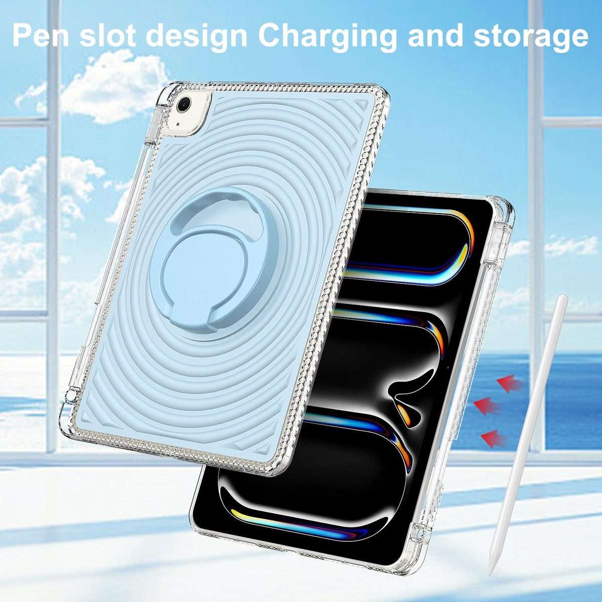 For iPad Air 11 2026 / 2025 / 2024 Wave Texture Rotating Holder Tablet Case with Pe ... (Ice Blue)