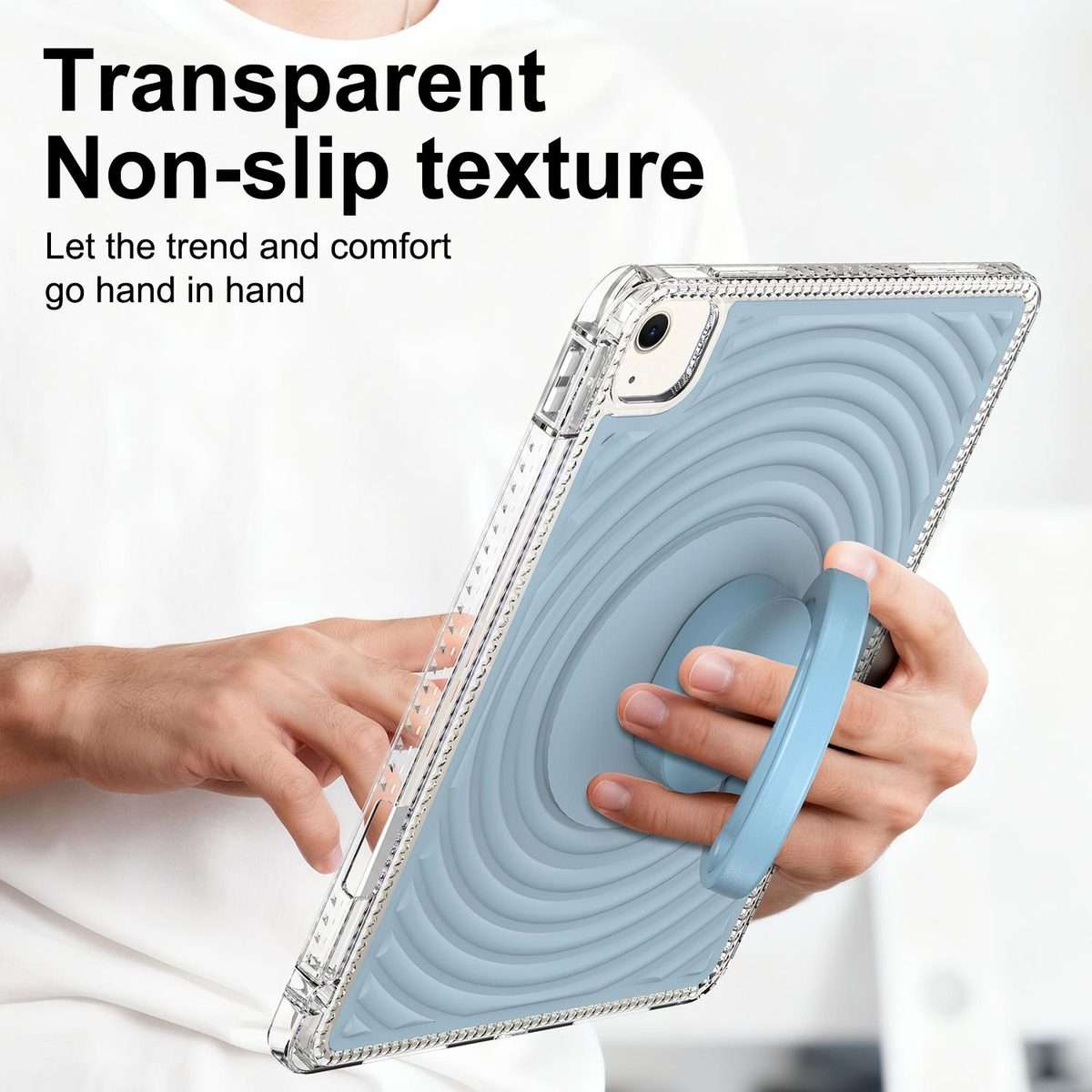 For iPad Air 11 2026 / 2025 / 2024 Wave Texture Rotating Holder Tablet Case with Pe ... (Ice Blue)